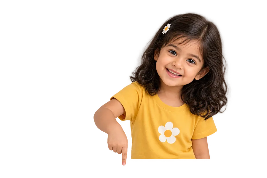 A smiling girl pointing to the enquiry form